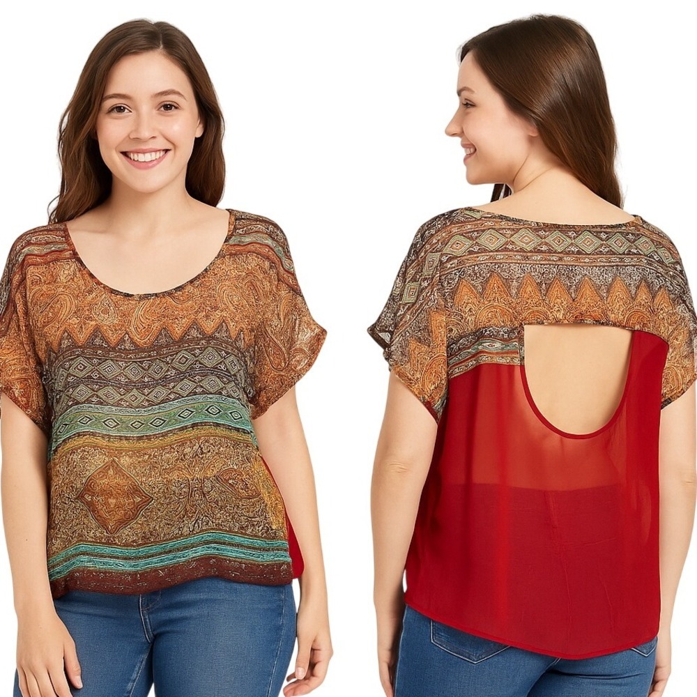 Ya Los Angeles Blouse Top‎ Multicolor Sheer Aztec Paisley Boho Cutout Trendy M